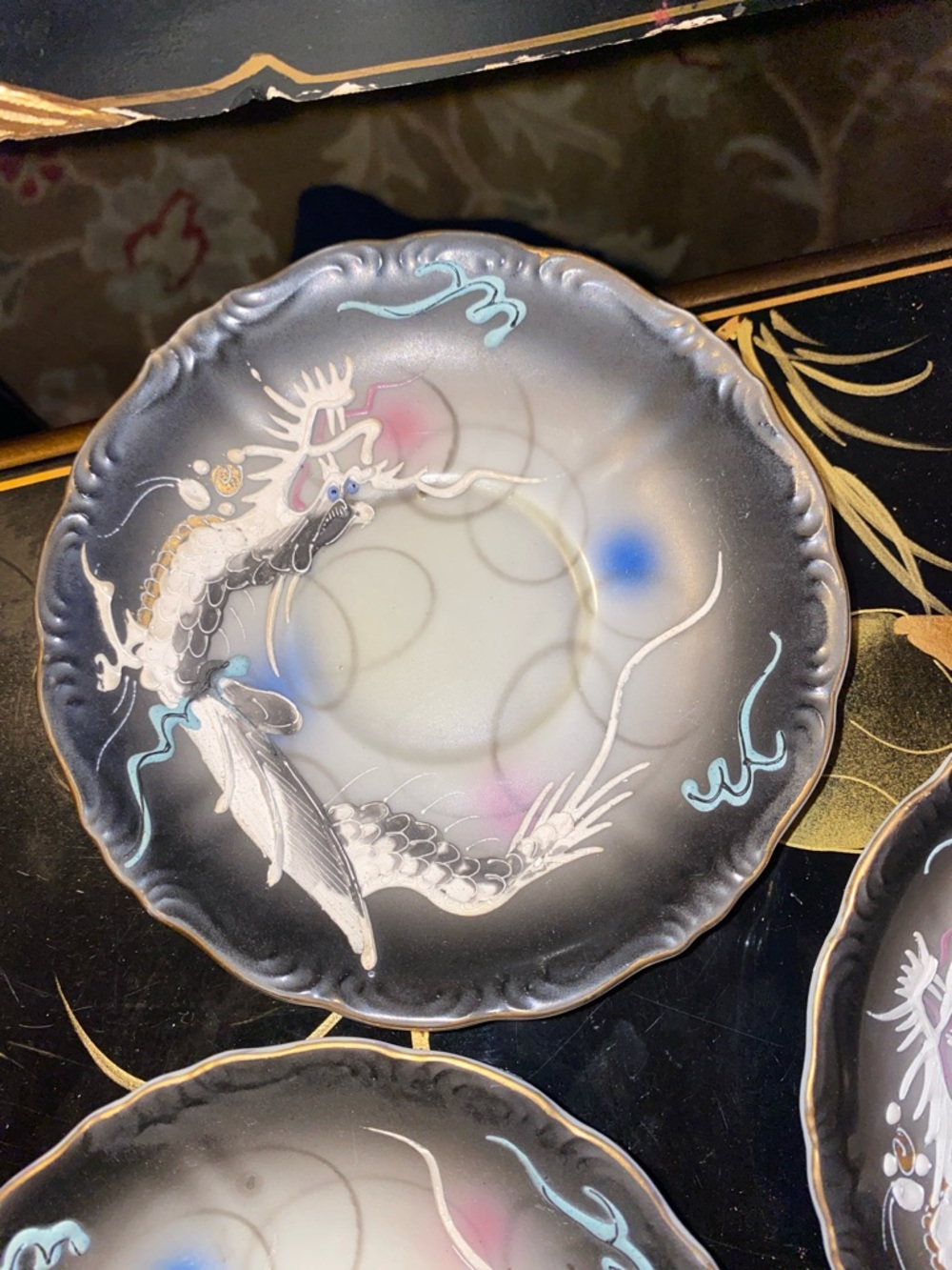 Decorative Dragon Ware Ceramic Plates - Black, Cream, Blue Accents 5.7” - Picture 6 of 8